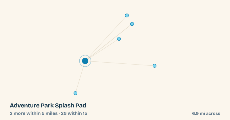 Map of Adventure Park Splash Pad and the 26 other splash pads within 15 miles