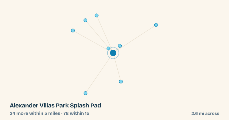 Map of Alexander Villas Park Splash Pad and the 78 other splash pads within 15 miles
