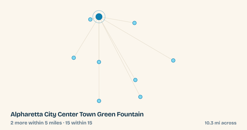 Map of Alpharetta City Center Town Green Fountain and the 15 other splash pads within 15 miles