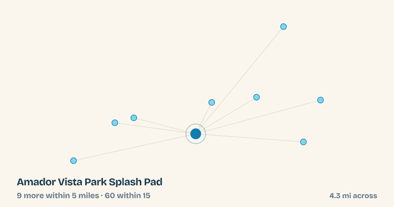 Map of Amador Vista Park Splash Pad and the 60 other splash pads within 15 miles