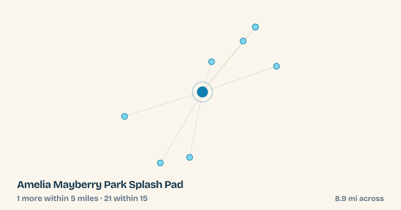 Map of Amelia Mayberry Park Splash Pad and the 21 other splash pads within 15 miles