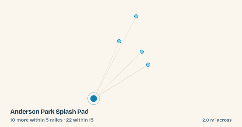 Map of Anderson Park Splash Pad and the 22 other splash pads within 15 miles