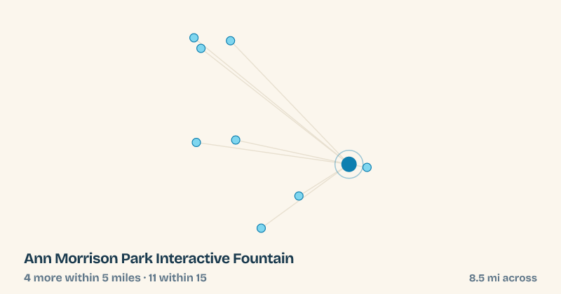 Map of Ann Morrison Park Interactive Fountain and the 11 other splash pads within 15 miles