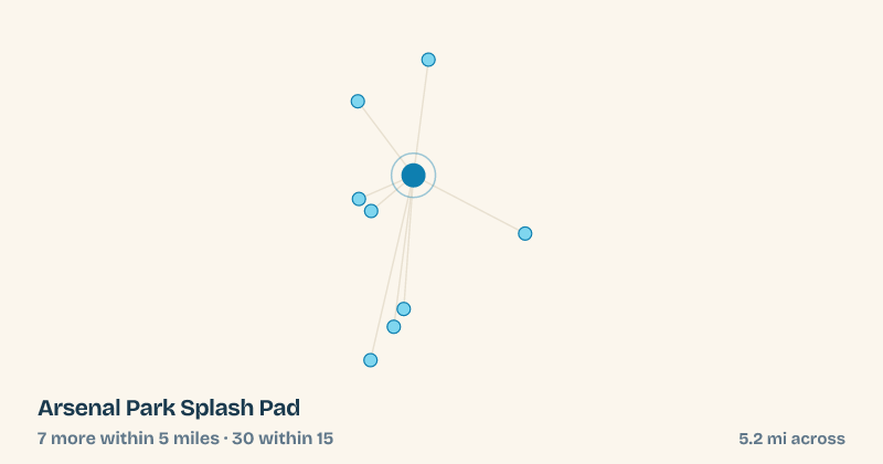 Map of Arsenal Park Splash Pad and the 30 other splash pads within 15 miles