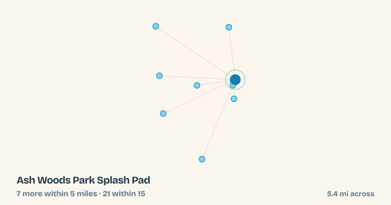 Map of Ash Woods Park Splash Pad and the 21 other splash pads within 15 miles