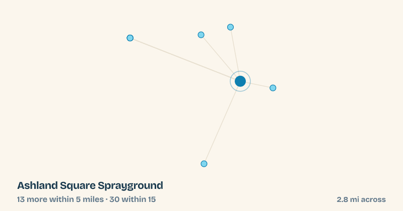 Map of Ashland Square Sprayground and the 30 other splash pads within 15 miles