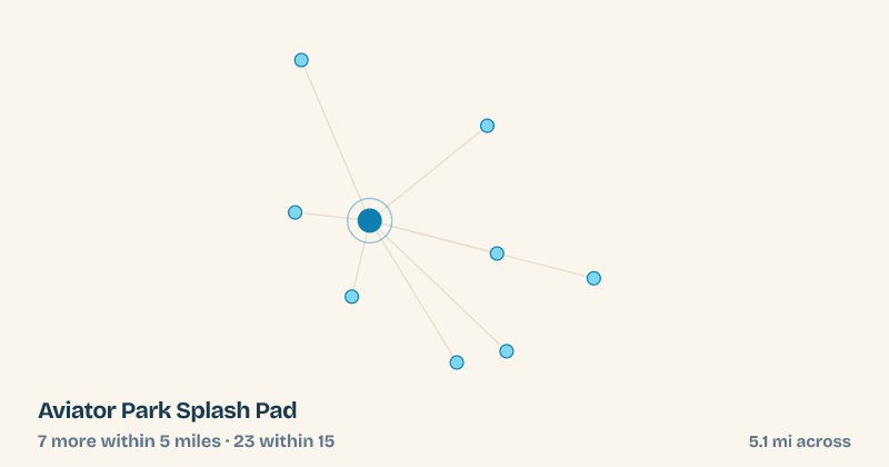 Map of Aviator Park Splash Pad and the 23 other splash pads within 15 miles