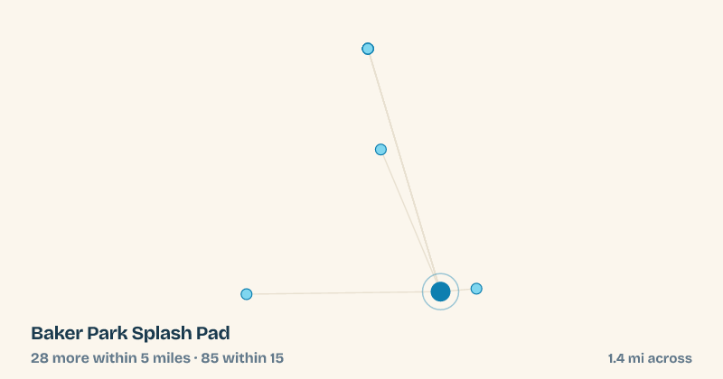 Map of Baker Park Splash Pad and the 85 other splash pads within 15 miles