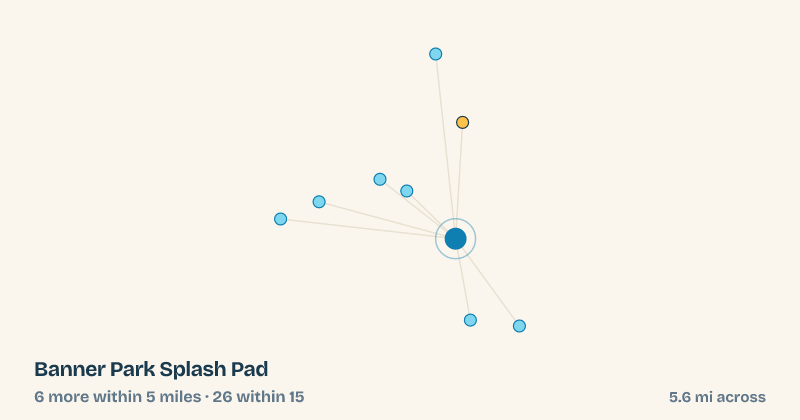Map of Banner Park Splash Pad and the 26 other splash pads within 15 miles
