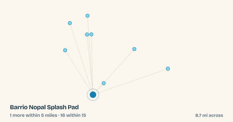 Map of Barrio Nopal Splash Pad and the 16 other splash pads within 15 miles