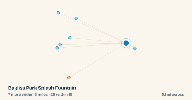 Map of Bayliss Park Splash Fountain and the 25 other splash pads within 15 miles