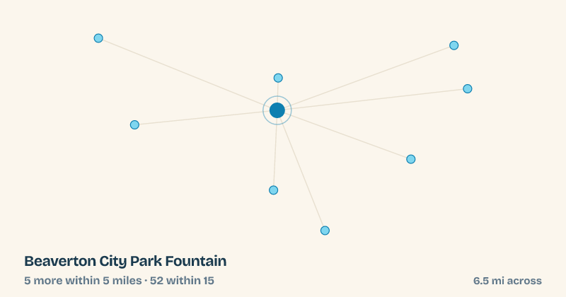 Map of Beaverton City Park Fountain and the 52 other splash pads within 15 miles