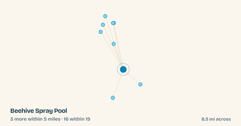 Map of Beehive Spray Pool and the 16 other splash pads within 15 miles