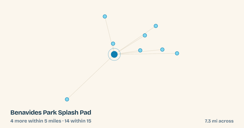 Map of Benavides Park Splash Pad and the 14 other splash pads within 15 miles