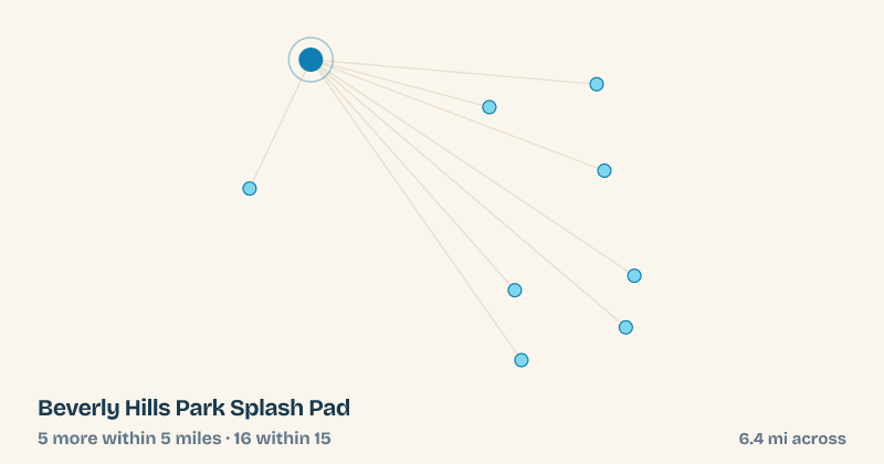 Map of Beverly Hills Park Splash Pad and the 16 other splash pads within 15 miles