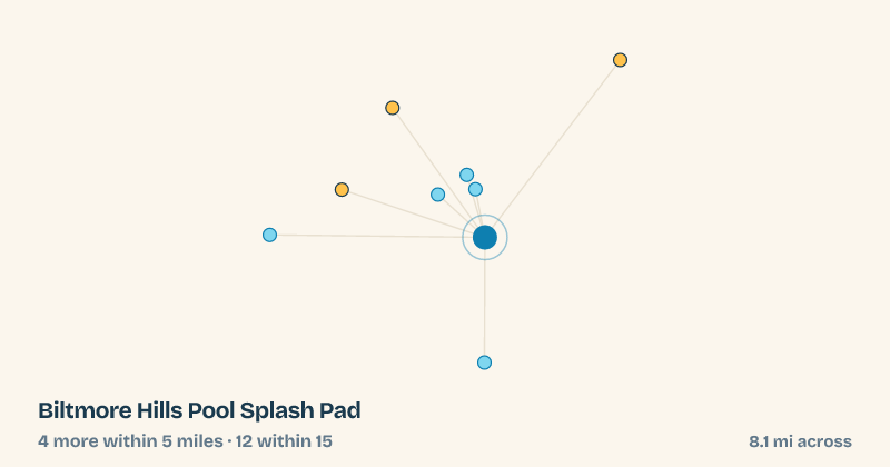 Map of Biltmore Hills Pool Splash Pad and the 12 other splash pads within 15 miles