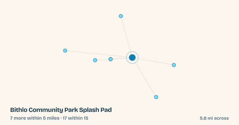 Map of Bithlo Community Park Splash Pad and the 17 other splash pads within 15 miles