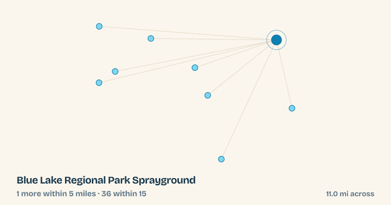Map of Blue Lake Regional Park Sprayground and the 36 other splash pads within 15 miles
