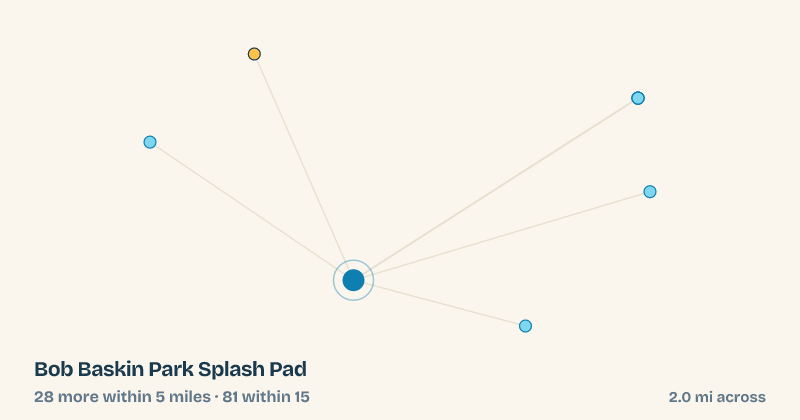 Map of Bob Baskin Park Splash Pad and the 81 other splash pads within 15 miles