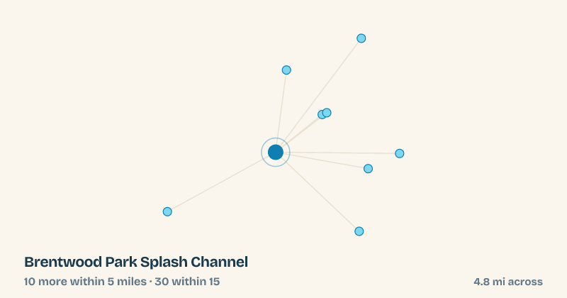 Map of Brentwood Park Splash Channel and the 30 other splash pads within 15 miles