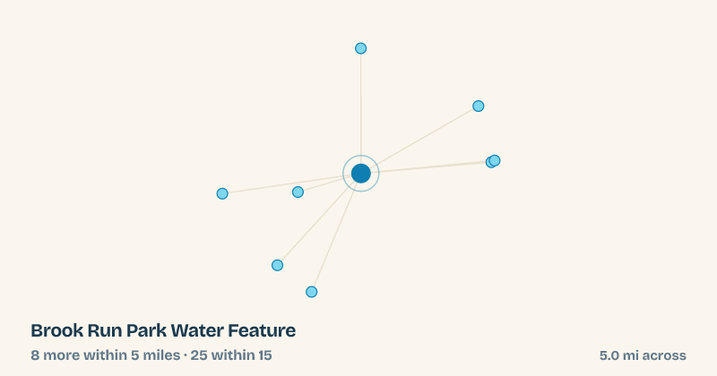 Map of Brook Run Park Water Feature and the 25 other splash pads within 15 miles