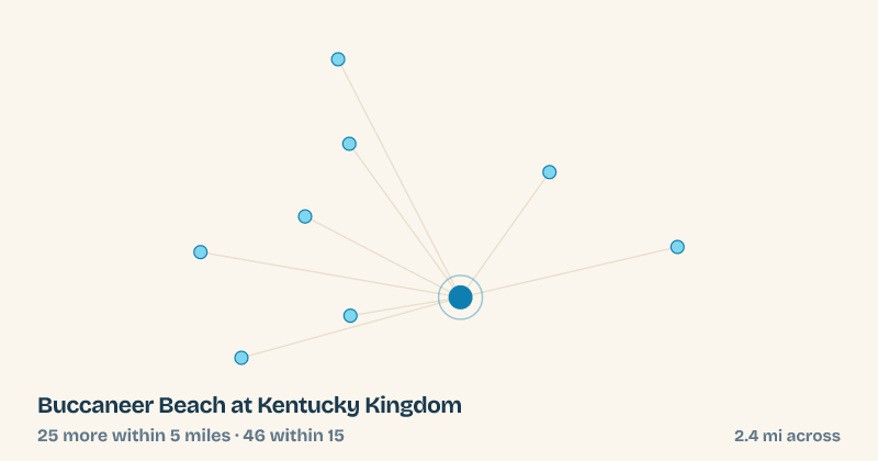 Map of Buccaneer Beach at Kentucky Kingdom and the 46 other splash pads within 15 miles