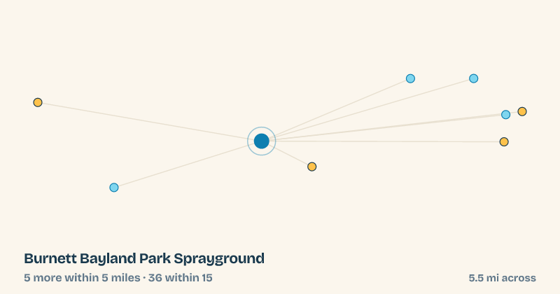 Map of Burnett Bayland Park Sprayground and the 36 other splash pads within 15 miles