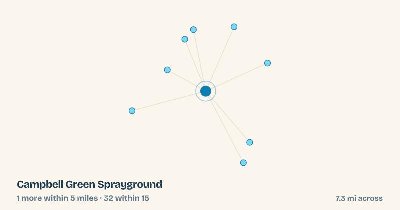 Map of Campbell Green Sprayground and the 32 other splash pads within 15 miles