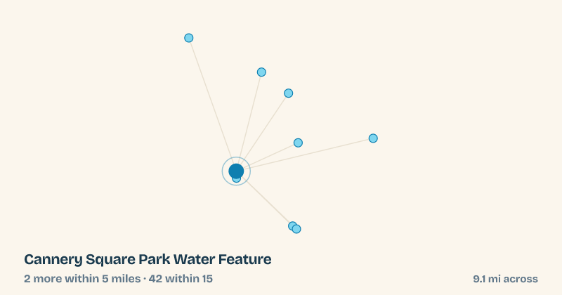 Map of Cannery Square Park Water Feature and the 42 other splash pads within 15 miles