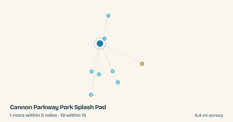 Map of Cannon Parkway Park Splash Pad and the 19 other splash pads within 15 miles