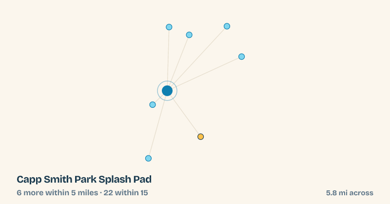 Map of Capp Smith Park Splash Pad and the 22 other splash pads within 15 miles