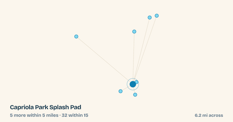 Map of Capriola Park Splash Pad and the 32 other splash pads within 15 miles