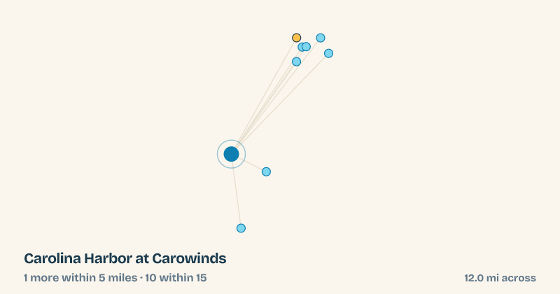 Map of Carolina Harbor at Carowinds and the 10 other splash pads within 15 miles