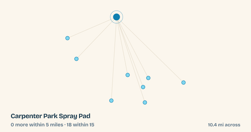 Map of Carpenter Park Spray Pad and the 18 other splash pads within 15 miles