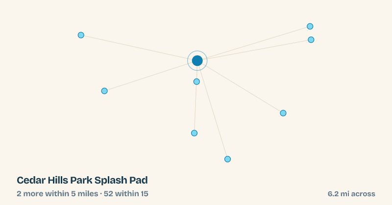 Map of Cedar Hills Park Splash Pad and the 52 other splash pads within 15 miles