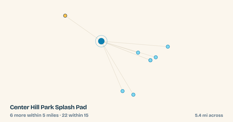 Map of Center Hill Park Splash Pad and the 22 other splash pads within 15 miles