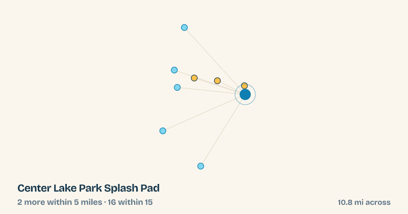 Map of Center Lake Park Splash Pad and the 16 other splash pads within 15 miles