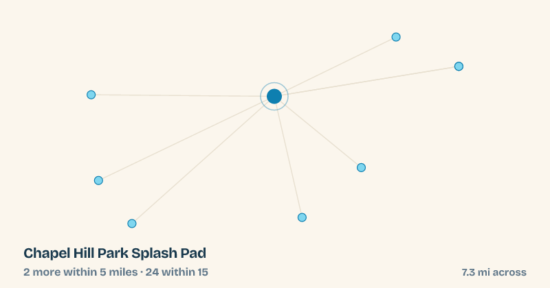Map of Chapel Hill Park Splash Pad and the 24 other splash pads within 15 miles