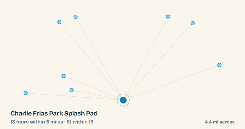 Map of Charlie Frias Park Splash Pad and the 81 other splash pads within 15 miles