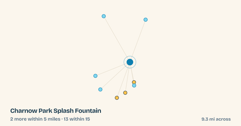 Map of Charnow Park Splash Fountain and the 13 other splash pads within 15 miles
