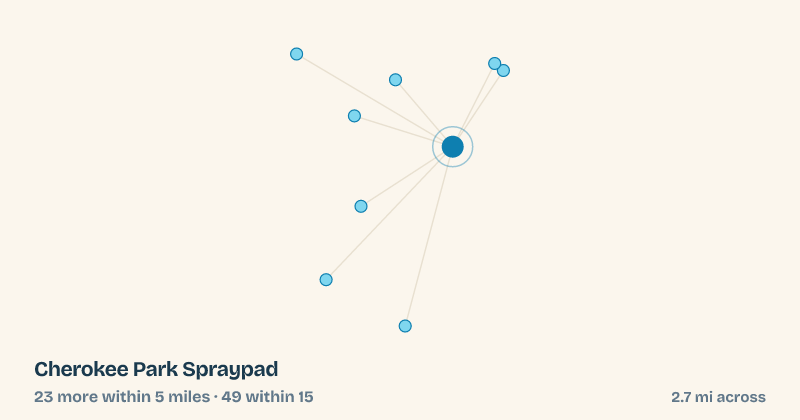 Map of Cherokee Park Spraypad and the 49 other splash pads within 15 miles