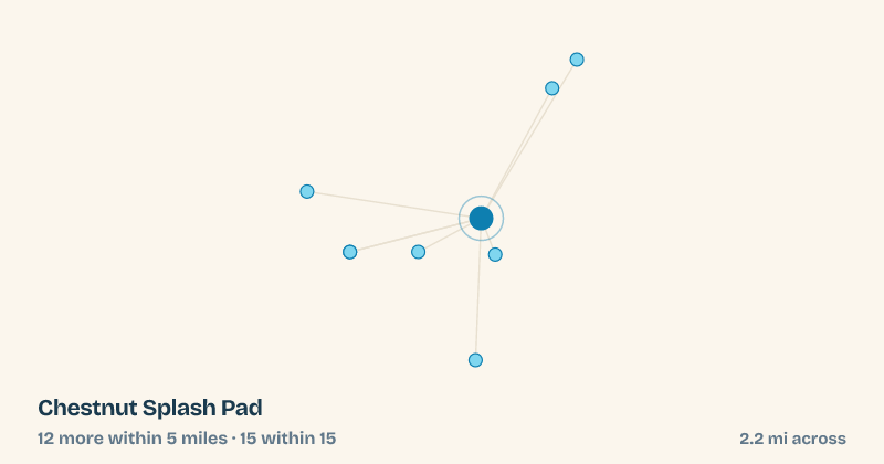 Map of Chestnut Splash Pad and the 15 other splash pads within 15 miles