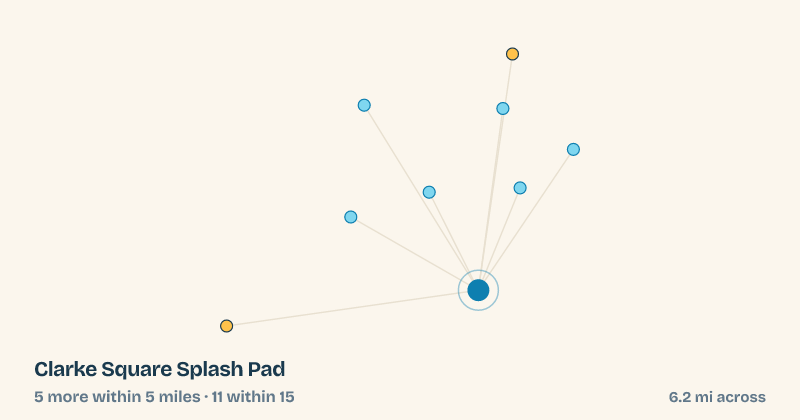 Map of Clarke Square Splash Pad and the 11 other splash pads within 15 miles