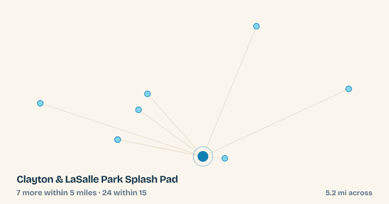 Map of Clayton & LaSalle Park Splash Pad and the 24 other splash pads within 15 miles
