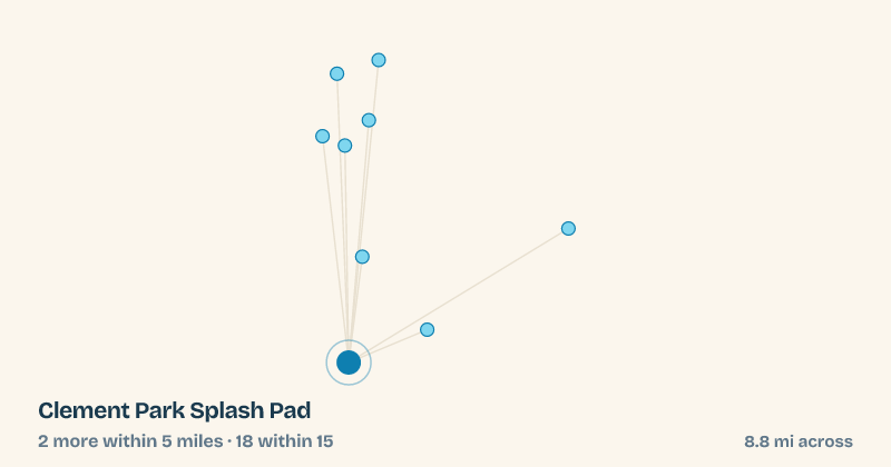 Map of Clement Park Splash Pad and the 18 other splash pads within 15 miles