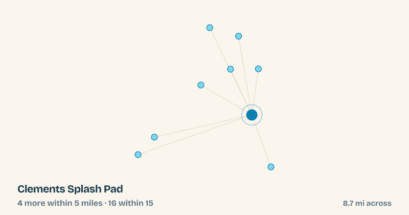 Map of Clements Splash Pad and the 16 other splash pads within 15 miles