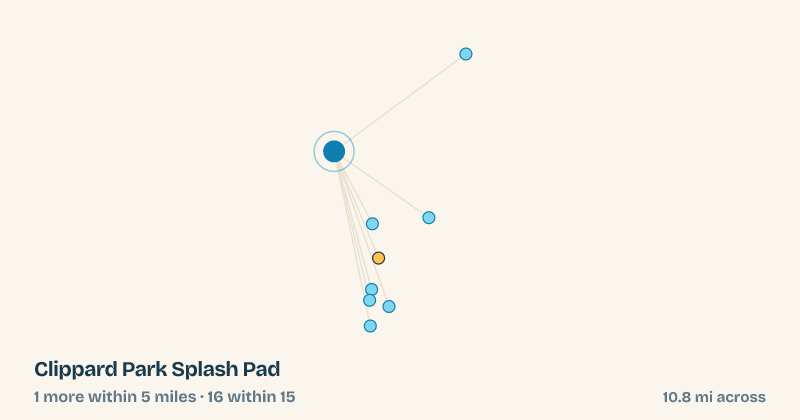 Map of Clippard Park Splash Pad and the 16 other splash pads within 15 miles