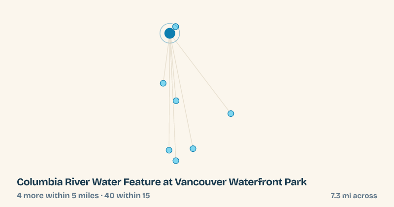 Map of Columbia River Water Feature at Vancouver Waterfront Park and the 40 other splash pads within 15 miles