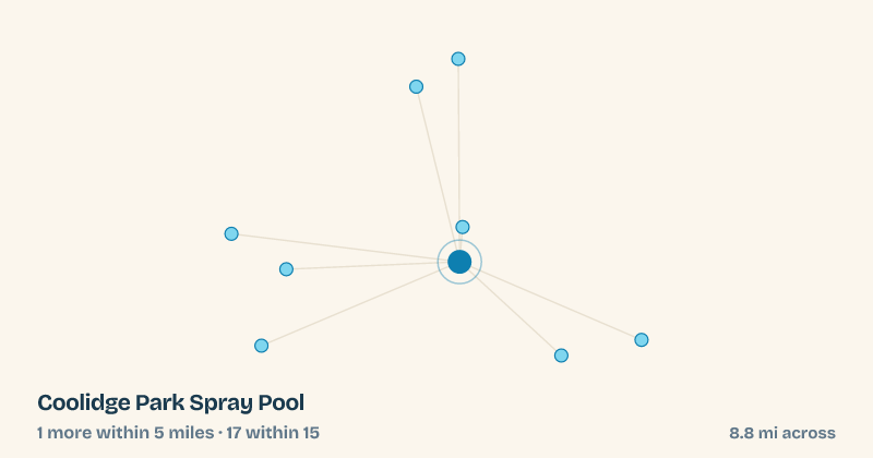 Map of Coolidge Park Spray Pool and the 17 other splash pads within 15 miles