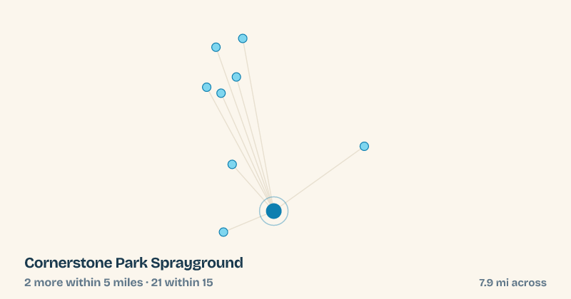 Map of Cornerstone Park Sprayground and the 21 other splash pads within 15 miles